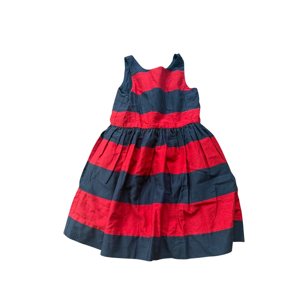 Polo‎ Ralph Lauren Girls 4T Red Navy Blue Striped Sleeveless Cotton Dress Preppy